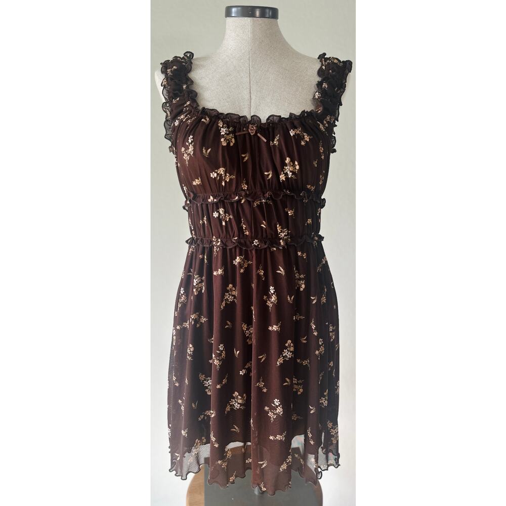 Brown Floral Babydoll Dress Ruffle Mesh Cottagecore Coquette Babydoll Floral S